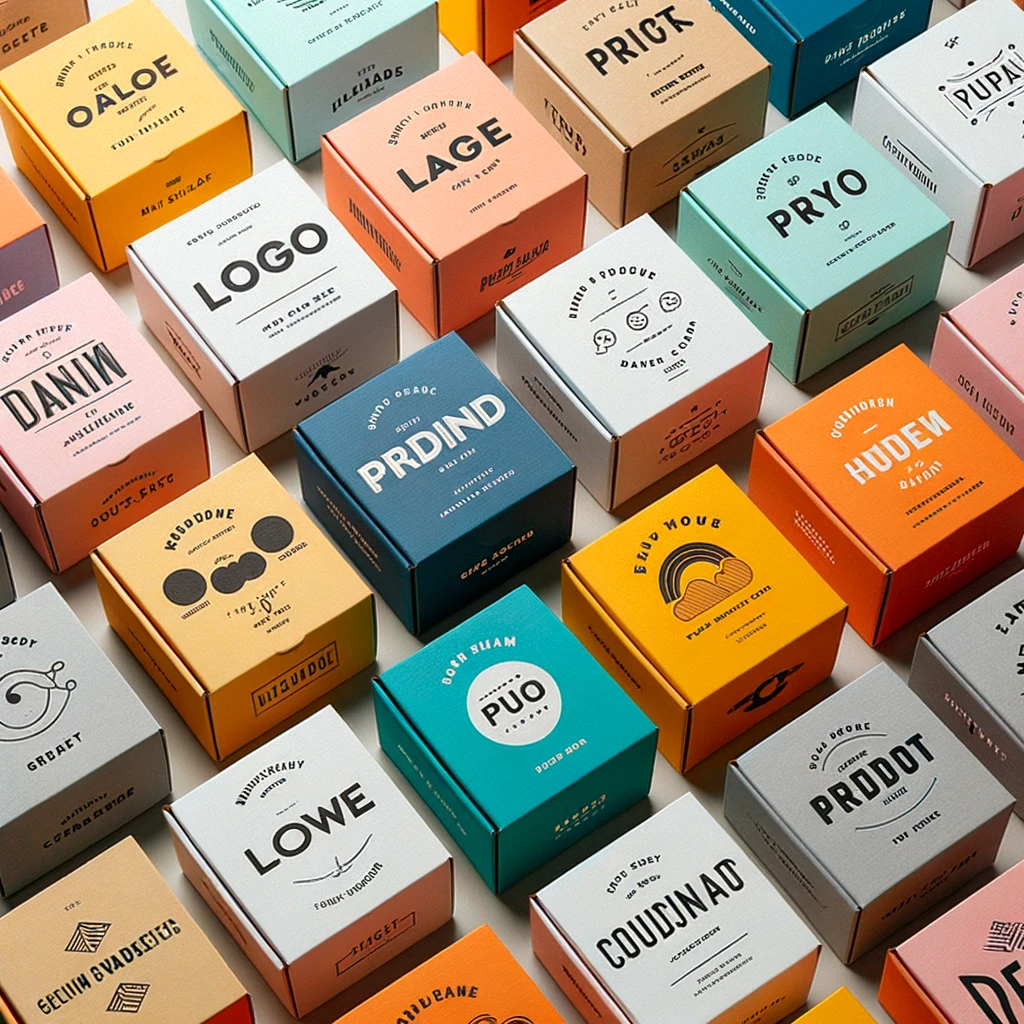 multicolored boxes with print and logo