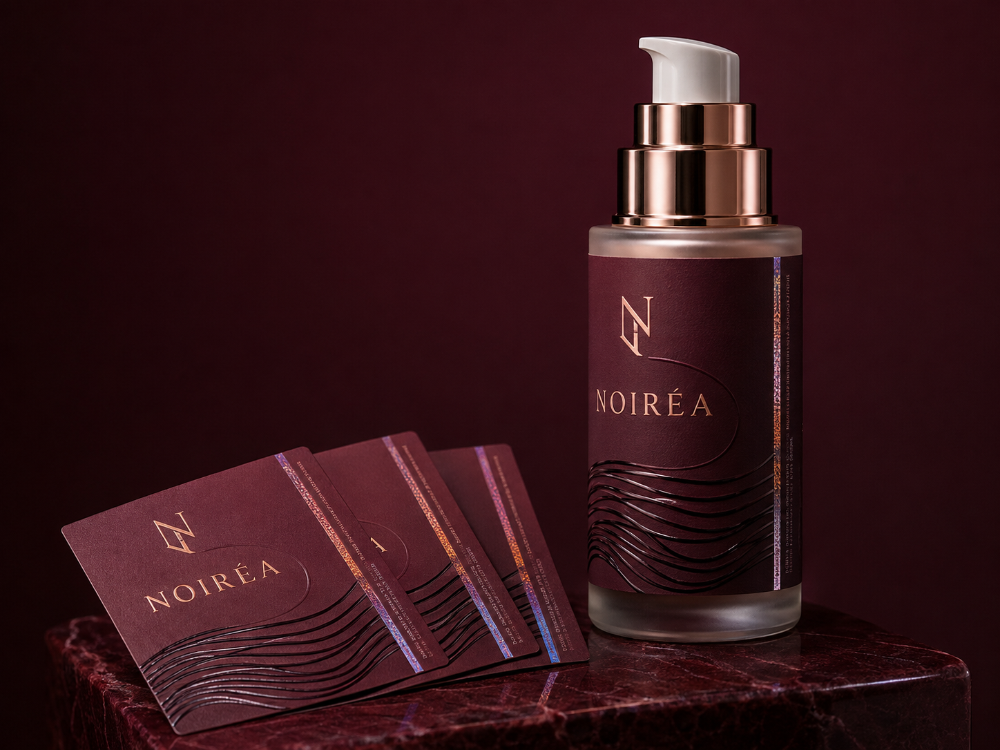 Bordowa etykieta luksusowego serum z metalicznym detalem i wyczuwalnym wzorem